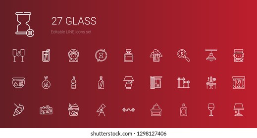 glass icons set. Collection of glass with perfume, cream, bars, telescope, ice cream, gps, food and restaurant, bar, window, lamp, message in a bottle. Editable and scalable glass icons.