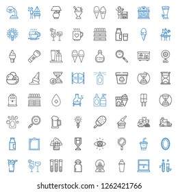 glass icons set. Collection of glass with test tube, window, shaker, candy machine, milk, cocktails, ice cream, mirror, drink, search, searching. Editable and scalable glass icons.