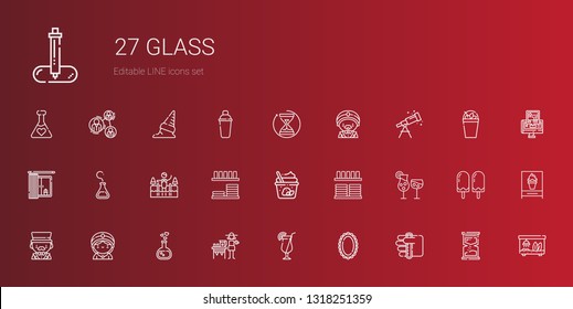 glass icons set. Collection of glass with test tube, mirror, cocktail, lemonade, love potion, seer, magician, cocktails, crockery, ice cream. Editable and scalable glass icons.