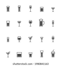 Conjunto de iconos de vidrio. Bebe el grupo de esquema negro. Colección lineal de vidrio. С, vodka, cerveza, champán, vino, coñac, whisky, martini y diferentes bebidas de cóctel. Vector aislado en blanco