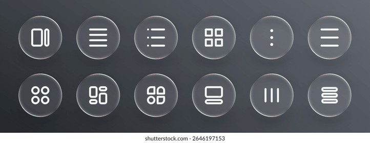 Glass icons with symbols. User interface design element for web and mobile application. Liquid glass vector.