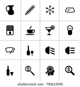 Glass icons. vector collection filled glass icons. includes symbols such as jug, wine, money search, car window repair, bulb, coffee. use for web, mobile and ui design.