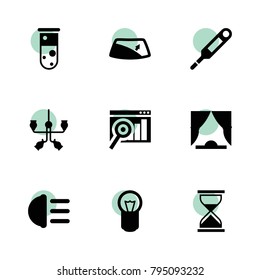 Glass icons. vector collection filled glass icons set.. includes symbols such as window repair, bulb, hight beem light, chandelier, curtain. use for web, mobile and ui design.