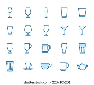 Glass illustration including icons - beer mug, whiskey shot, wineglass, teapot minimal vector illustration. Simple thin line art about cocktail, beverage. Blue Color, Editable Stroke