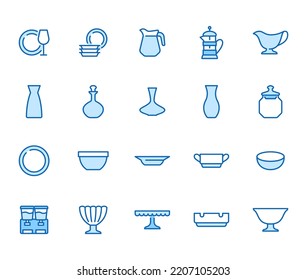 Glass illustration including icons of Tableware - plate, jug, dish, ashtray, bowl, decanter, wineglass minimal vector illustration. Simple thin line art about dinnerware. Blue Color, Editable Stroke