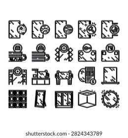 Glass industry creating various products and components, showing different stages of manufacturing, quality control, cutting, and shaping for industrial and commercial use