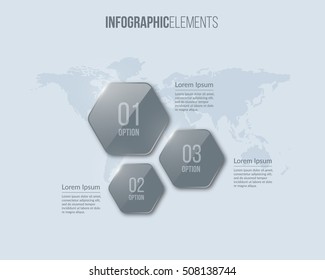 Glass infographic elements. Template for diagram, graph, presentation and chart. Business concept with 3 options, parts, steps or processes. Abstract global map background. Vector illustration