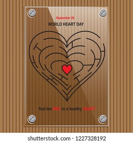 Glass information board world heart day. Find the way to a healthy heart.