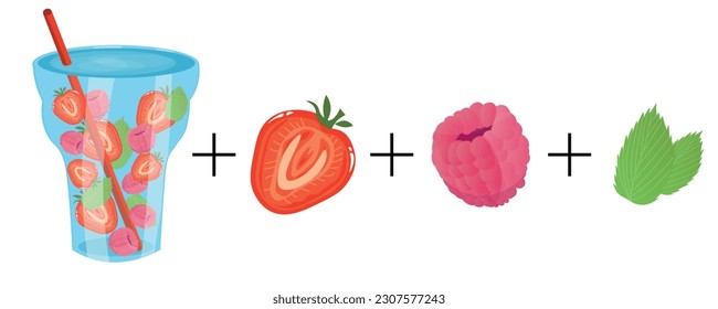 Glass of infused water and ingredients on white background