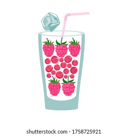 A glass with ingredients for smoothies: raspberries, cranberries, a cocktail tube and an ice cube. Vector drawing on a white background isolated.
