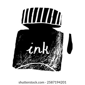 Glass inkpot jar still life on light backdrop space. Freehand outline fashion poet scribe swan handle text object picture image design sketchy in artistic aged scribble contour style pencil