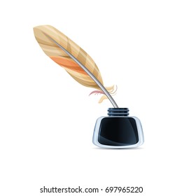 Glass inkwell with feather, isolated. Realistic vector art illustration.