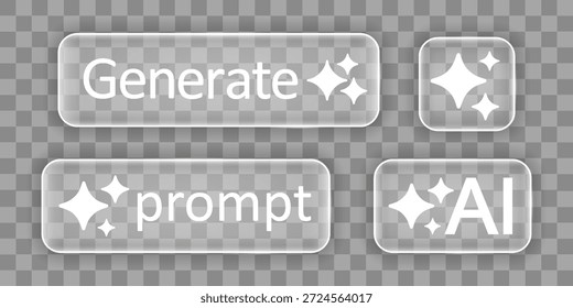 Botones de interfaz de vidrio AI genera tecnología, estrellas de inteligencia artificial, crea Instrucción ai estrella brillante, Elementos transparentes