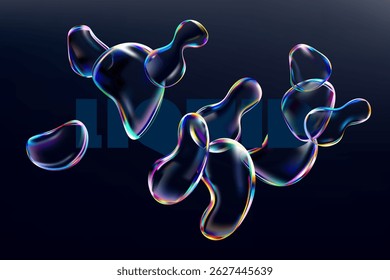 Glass iridescent liquid bubbles on dark background. 3D Transparent fluid drops.
