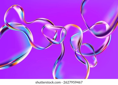 Burbujas líquidas iridiscentes de vidrio sobre fondo violeta. 3D Gotas transparentes de líquido.