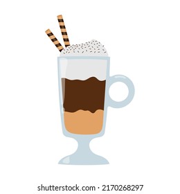 Glass irish mug of latte with whipped cream and waffle. Hand drawn illustration in cartoon flat style. Isolated vector illustration. 