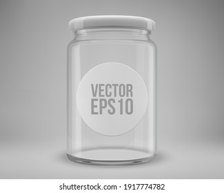 Frasco de mermelada de vidrio con tapa. Un frasco transparente con una pegatina blanca redonda. Ilustración 3D realista. Vector.