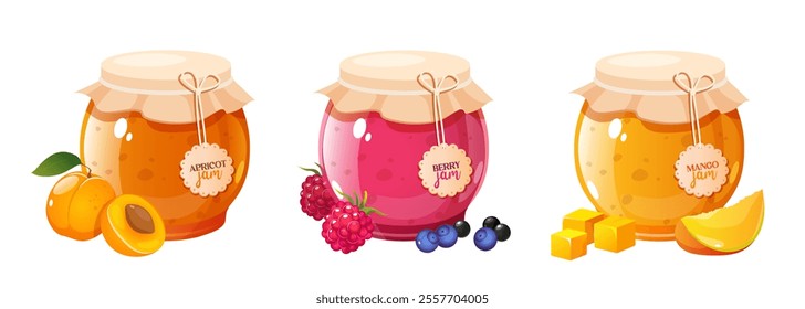 Glass jam jars with different flavors apricot, berries, mango isolated on white background.