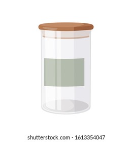 Glass jar with airtight seal wood lid and blank label. Kitchen eco friendly stuff.