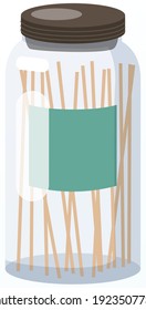 Glass jar with airtight seal wood lid and blank label. Kitchen eco friendly container isolated on white background. Jar of long pasta, spaghetti inside. Container for storing food in kitchen