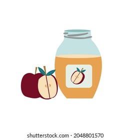 Glass jar with apple jam. Bright vector illustration of apple jam.