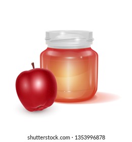 Glass jar with Apple jam on light background, Label for jam. Mockup for your brand realistic vector EPS 10 illustration