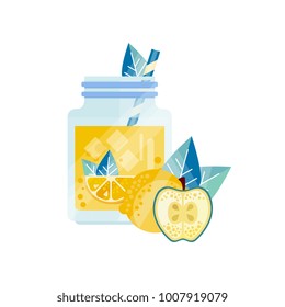 Glass jar with apple-lemon cocktail, ice cubes and drinking straw. Organic and healthy smoothie. Refreshing drink. Natural and healthy beverage. Flat vector design