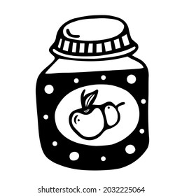 Glass Jar With Applesauce Icon. Hand Drawn Doodle Isolated On White Background. Baby Food For The First Feeding Of The Child. A Container Filled With Apple Jam. Conservation Sketch. 