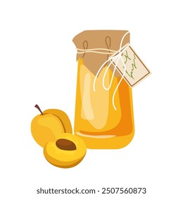 Glass jar with apricot jam under lid and fresh fruit harvest cartoon grocery vector illustration