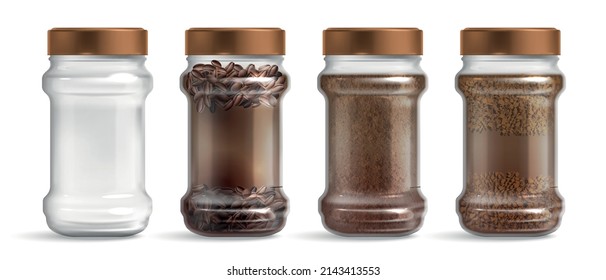Glass jar with arabica and robusta varieties of coffee beans granulated and instant realistic set isolated vector illustration
