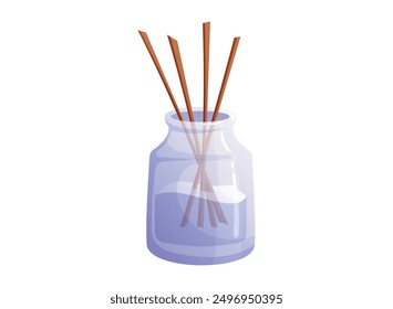 Glass jar, aroma diffuser with wooden sticks. Cozy element for home interior decor. Vector isolated cartoon illustration.