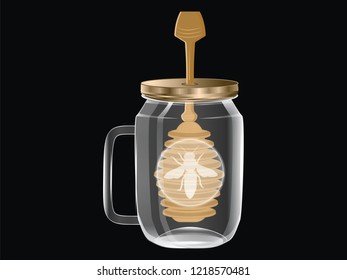 Glass jar with bee emblem, pen, lid and scoop for honey - isolated on black background - vector. Natural Product Concept