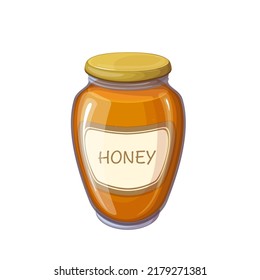 Glass jar with bee honey, lid and paper label vector illustration. Cartoon isolated bottle with sweet dessert and honey tag, natural gold syrup in pot, grocery store sweet food and farm product