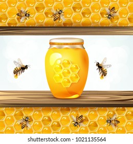 Glass jar with bees and honeycombs