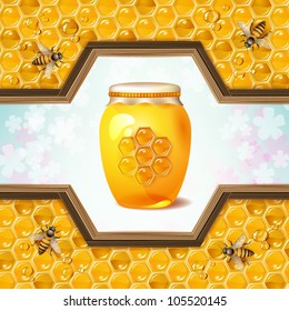 Glass jar with bees and honeycombs
