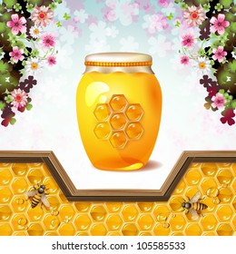 Glass jar with bees and honeycombs