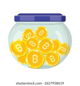Glass jar with bitcoin coins save money vector illustration concept. Save money, Coin jar.
