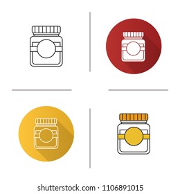 Glass jar with blank label icon. Flat design, linear and color styles. Isolated vector illustrations