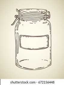 Glass jar with blank label. Vector hand drawn vintage illustration. Contour sketch in brown isolated over beige.