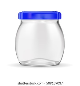 Glass jar with blue lug cap. Vector illustration isolated on white background