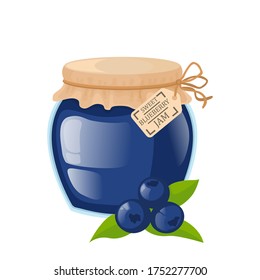 Glass jar with blueberries jam. Bright vector illustration of blueberry jam. 