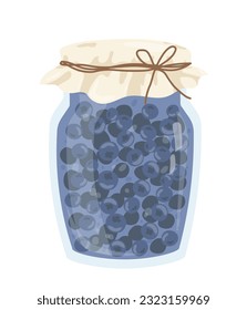 Glass jar with blueberry jam concept. Canned food, berries with sugar. Natural and organic eating. Sticker for social networks. Cartoon flat vector illustration isolated on white background