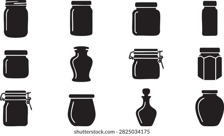Glass jar and bottle icon set with black food storage containers for kitchen organization tasks