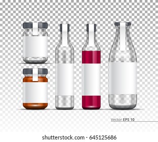 Glass Jar, Bottle. Realistic Packaging For Milk, Juice, Butter, Jam. Vector Illustration.