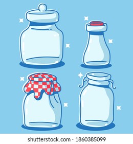 Glass jar and bottle vector cartoon set isolated on background.