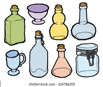 Glass jar and bottles with cork vector drawing. Set of kitchen items
