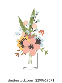 Glass jar with a bouquet of spring flowers. Cute simple vintage style.