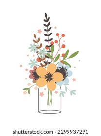 Glass jar with a bouquet of spring flowers. Cute simple vintage style.