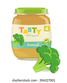 Glass jar with broccoli baby food