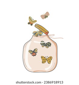 Glass jar with butterflies inside. Vector illustration. Insects protection concept. Vector illustration